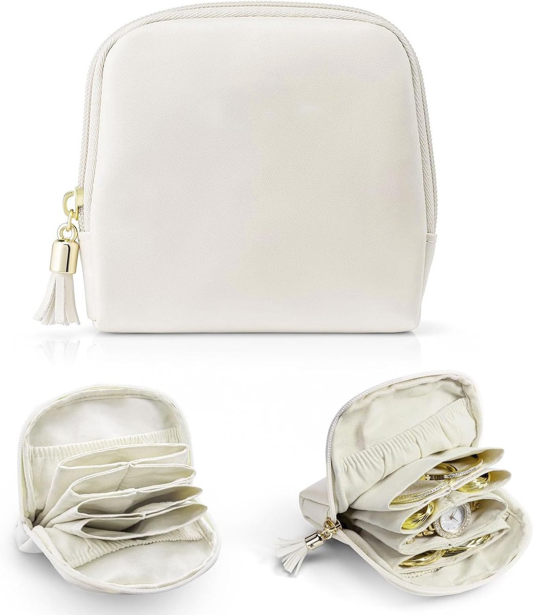 Kleine Reissieraden Organizer, Sieradenbuidel Tassen, Sieradenopbergtas Voor Armbanden Ringen Oorbellen, Draagbare Sieraden Reisetui Voor Reizigers-Crème Wit