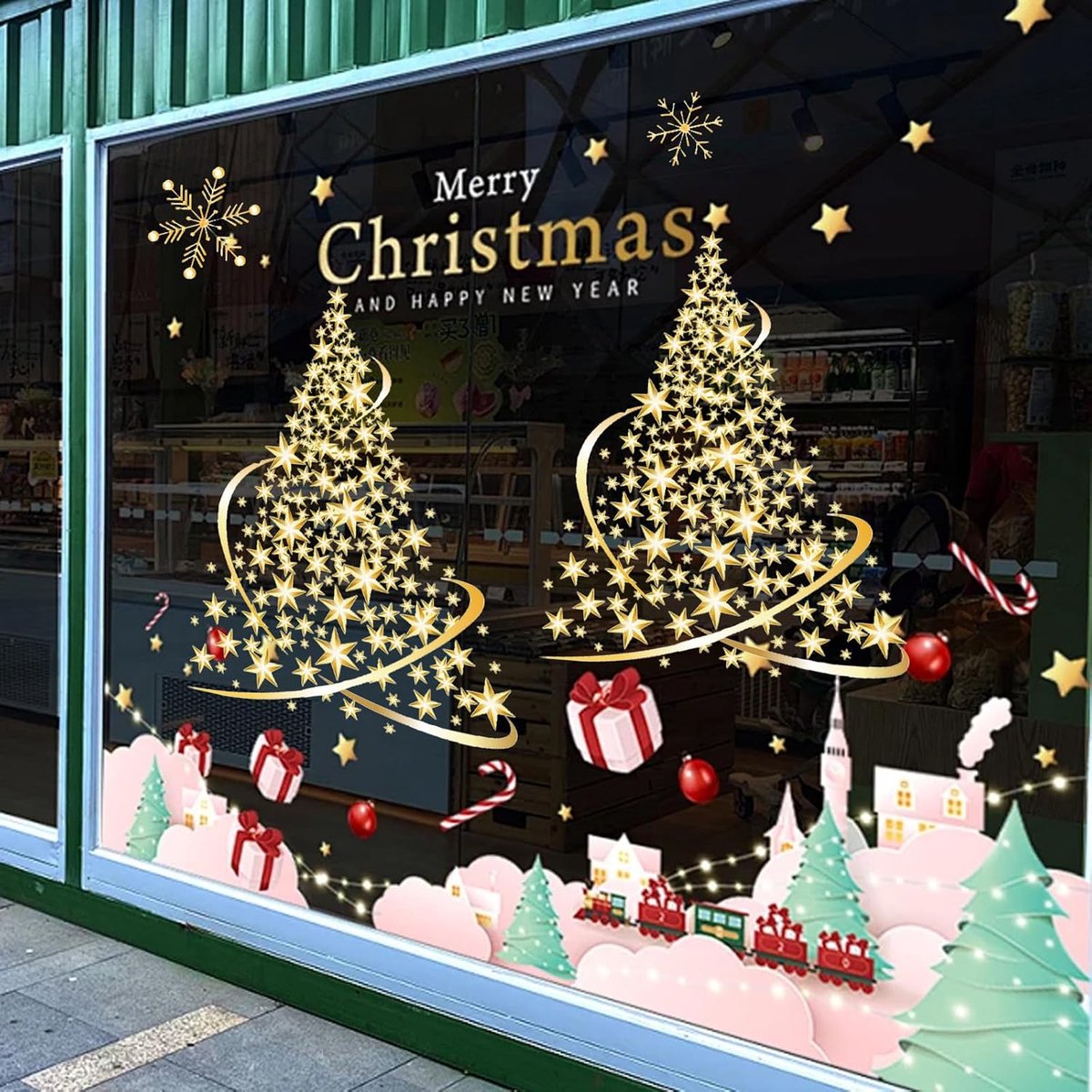 2 stuks gouden kerstboom raamklampen, extra grote statische kerststickers, vrolijke kerststickers voor glazen ramen