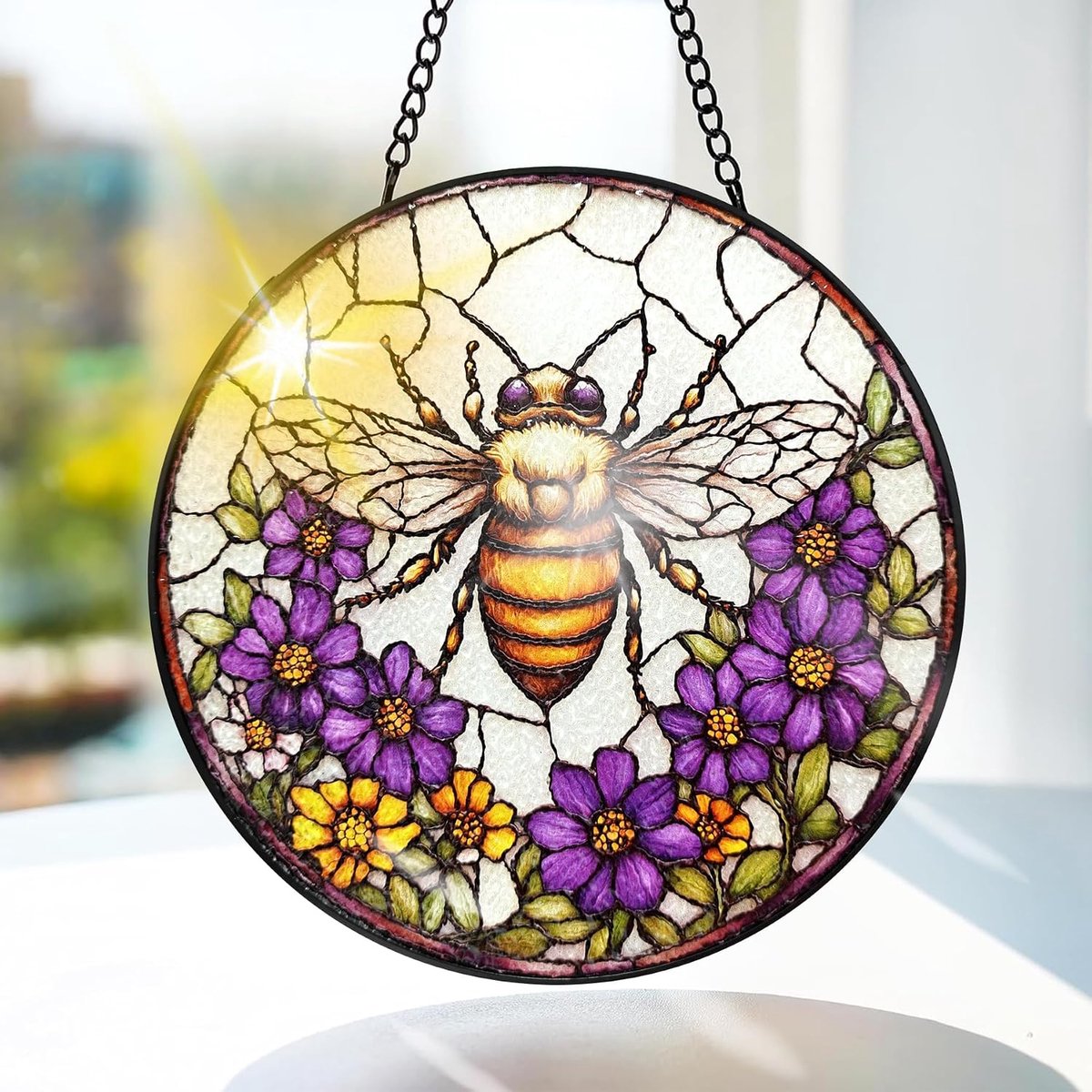 Bimkole Bij Gekleurd Glas Hangend - Bloemen Hangende Raamdecoratie - voor Tuin, Raam en Deur, Kerst, Handgemaakte Suncatcher Decoratie 20x20 cm