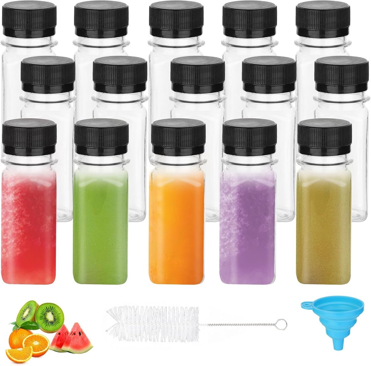 15 stuks kleine fles voor sap, 60 ml, mini-fles, kunststof, transparant, borstel met trechter voor sap, gember, melk, dranken (zwart)