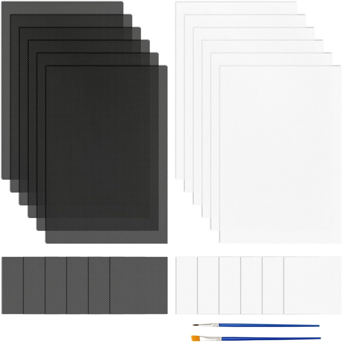 24 vellen wit bontpak oog plastic gaas met 2 schilderpensTherian Eye Mesh waterdicht bedrukbaar PVC plastic ooggaasvel voor harige cosplay rekwisieten bontpakken handwerk maken (20 x 30 cm, 10 x 10 cm