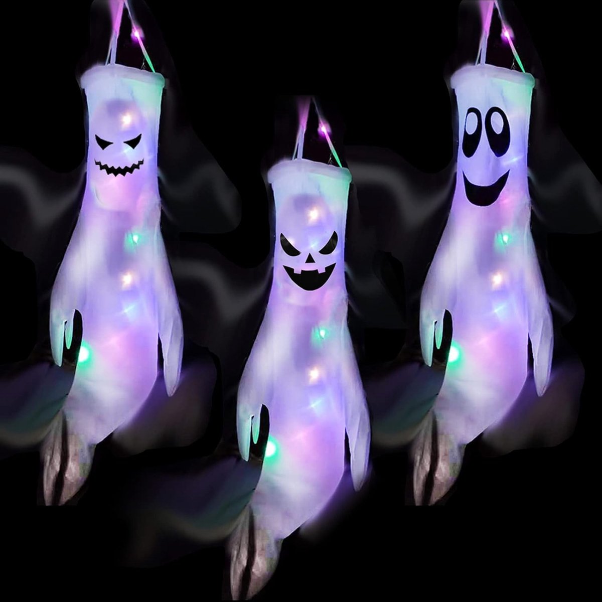 Halloween spook windzak-vlaggen, hangende Halloween led spookdecoratie, leuk vliegend spook met led-verlichting, stof buigbare Halloween windzak-vlaggen voor deur, tuin, raam, buiten (3 stuks, typeA)