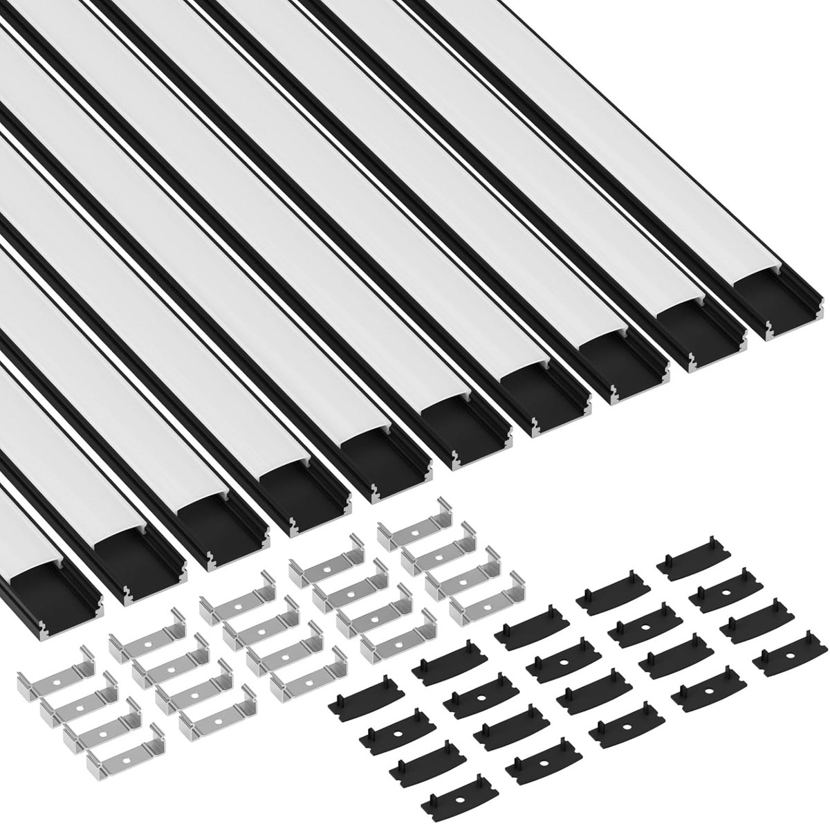Zwart LED-profiel, 10 x 40 cm aluminiumprofiel met melkwitte PC-afdekking, eindkappen en montageklem voor LED-strips (10-PACK)