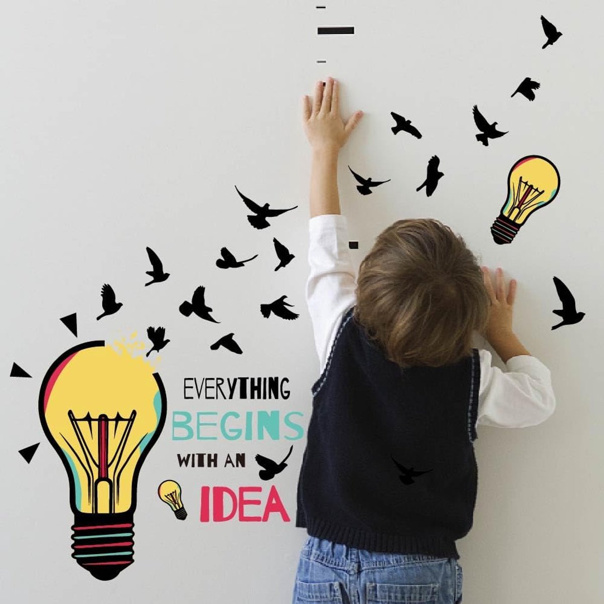 Muurstickers gebroken gloeilamp muurstickers positieve tekst muursticker met vliegende vogels vinyl muurkunst sticker voor slaapkamer woonkamer wanddecoratie 96 x 30 cm