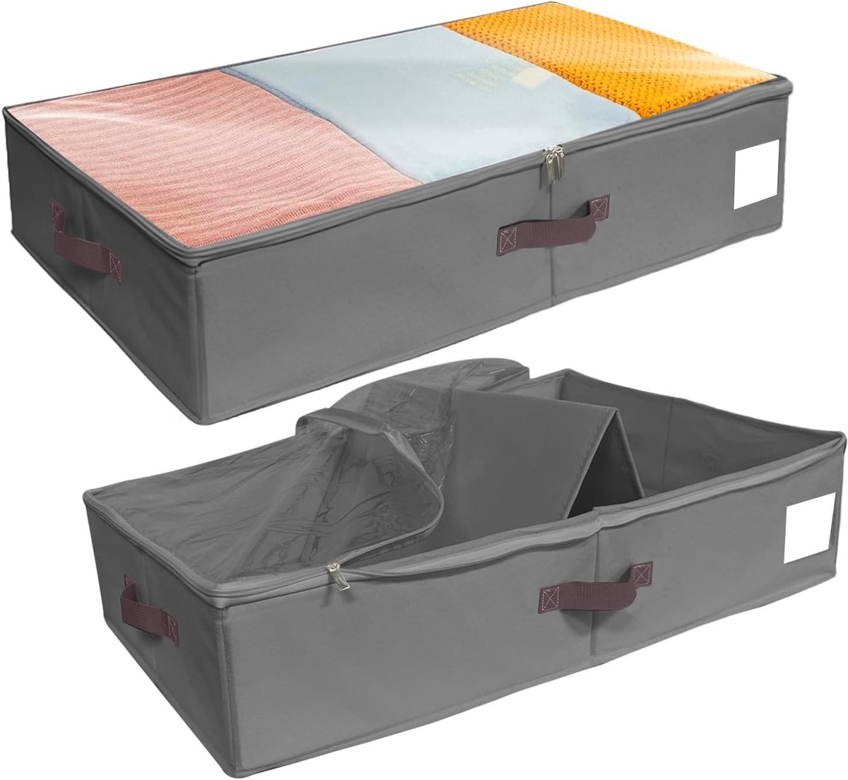 Opbergcontainers voor onder het Bed, Deken Opbergzakken, Zijkanten en bodem met steunpanelen, Opvouwbare Kledingopbergzakken met Doorzichtig Voorvenster (Grijs, Bodem met plaat)