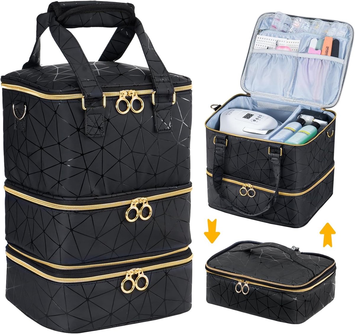 Nagellak-organizer voor 60 nagellakflessen en 1 led-nagellamp, opbergtas voor nageldesign, accessoires (zwart)