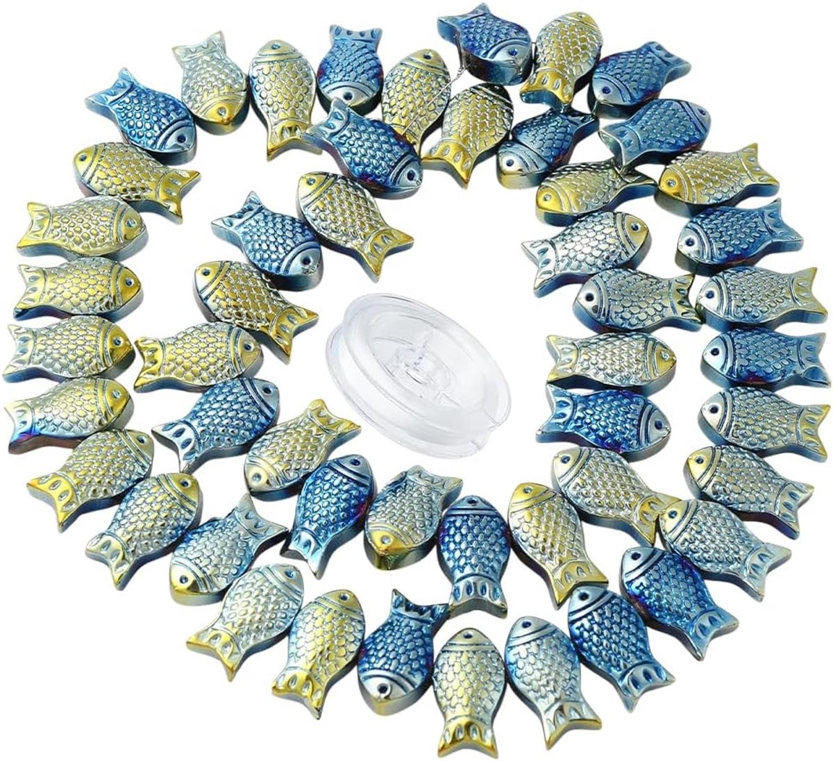 1 Doos 50Pcs Vis Kraal Blauw Glas Zee Oceaan Dier Vissen Kralen Gesneden Volledige Plated Frosted Galvaniseren Charms Elastische Draad Voor Sieraden Maken Diy Armbanden Ambachten