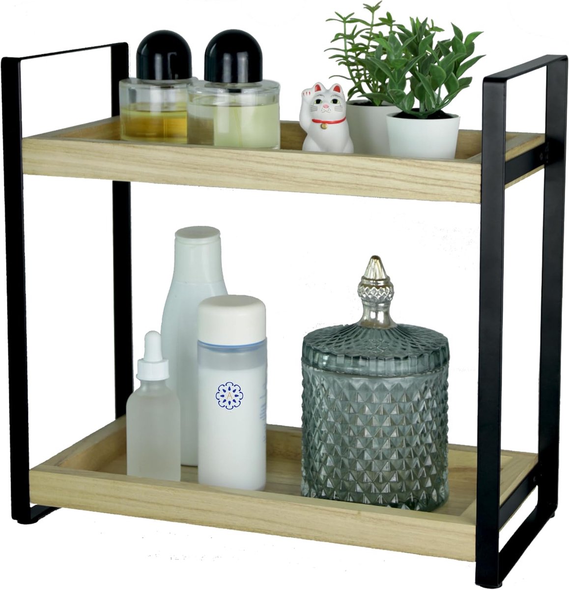 alma home Staande badkamerorganizer, badkamerrek zonder boren, 2 niveaus, van hout en metaal, zwart, als rek voor badkamer, cosmetica- of houten rek voor make-uptafel