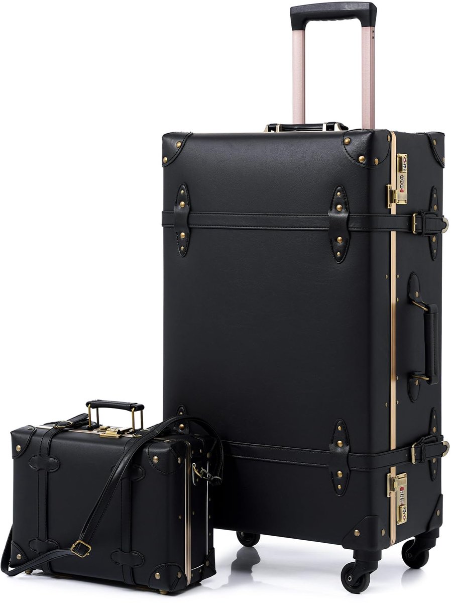 SnelShoppen - Vintage Koffer met Wielen, Retro Trolley Reiskoffer 2-delig, Harde Schaal, Zwart, Kleine Koffer 30,5 cm + Grote Koffer 20 inch, Perfect
