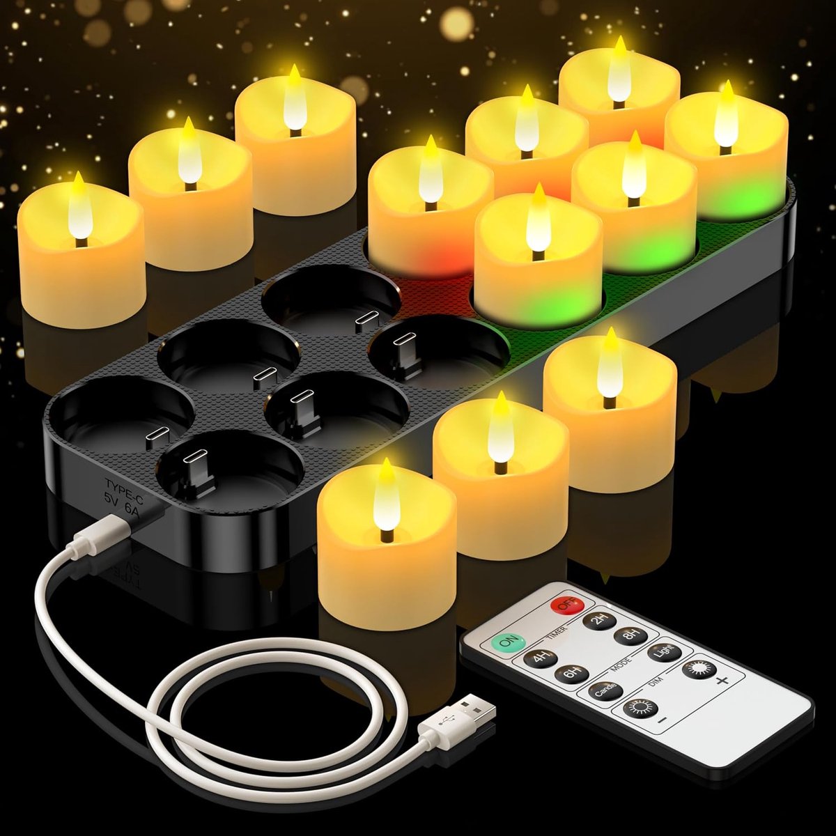daphomeu Oplaadbare led-theelichtjes, 12 stuks | Met USB-C-laadstation en timerfunctie en afstandsbediening, vlamloze led-kaarsen op batterijen voor kerstdecoratie