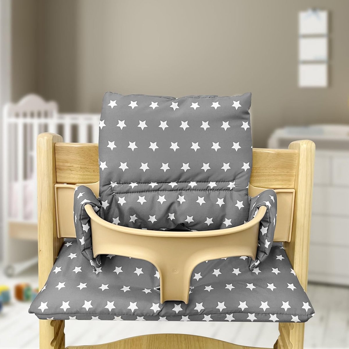 SnelShoppen - Zitkussen voor Kinderstoel 2-delig, Biologisch Katoen, Zacht en Comfortabel, Grijs met Sterrenpatroon voor Kinderen, Perfect voor Eten e