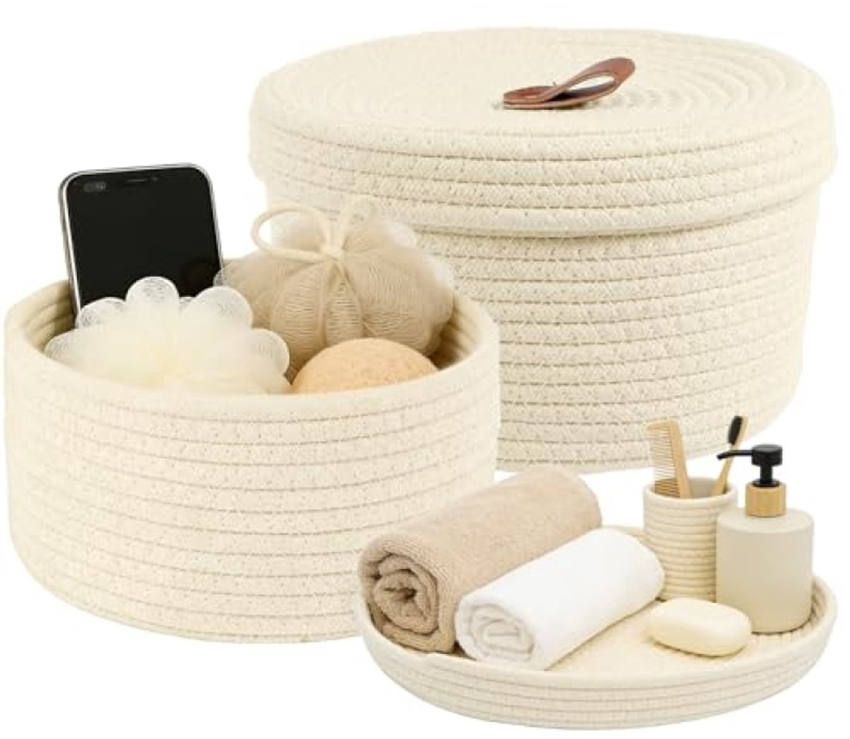 Huis Geluk Set van 2 ronde opbergmanden van katoenen touw met deksel voor kinderkamer, woonkamer, badkamer, decoratieve tafel (beige)