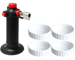 Cookinglife Creme Brulee Set - Creme Brulee Schaaltjes van Aardewerk - Koksbrander - Serving Tower - Staal - Aardewerk - Kunststof - Wit - Zwart - Vaatwasserbestendig - Ø 12 cm - 5 Stuks