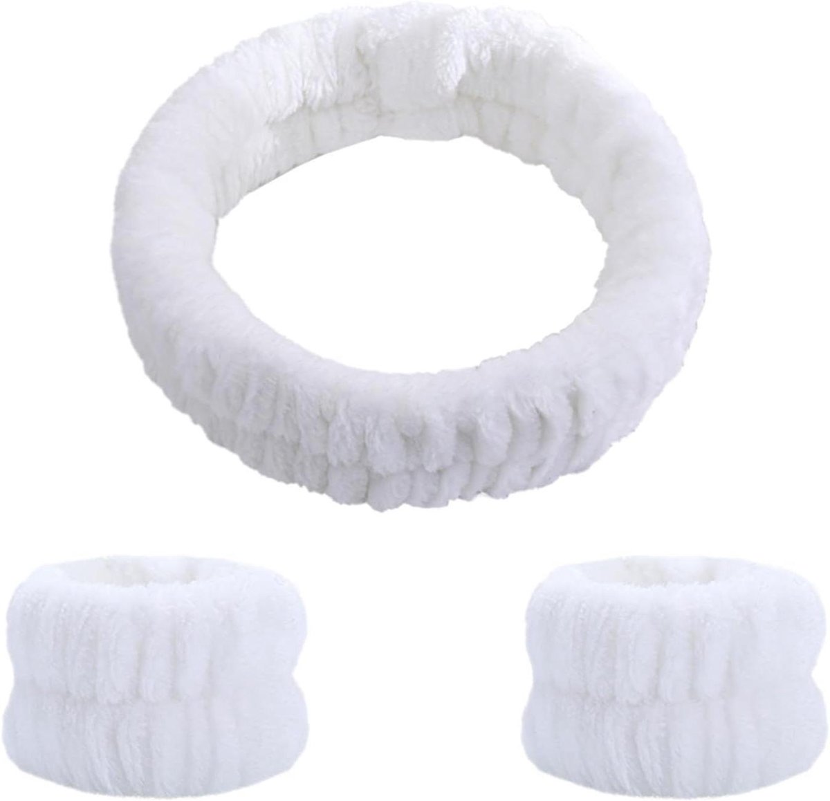 Hoofdband Polsband Set - Cosmetica Accessoires - Gezicht Wassen - Zachte Flanel - 3 Stuks - Wit