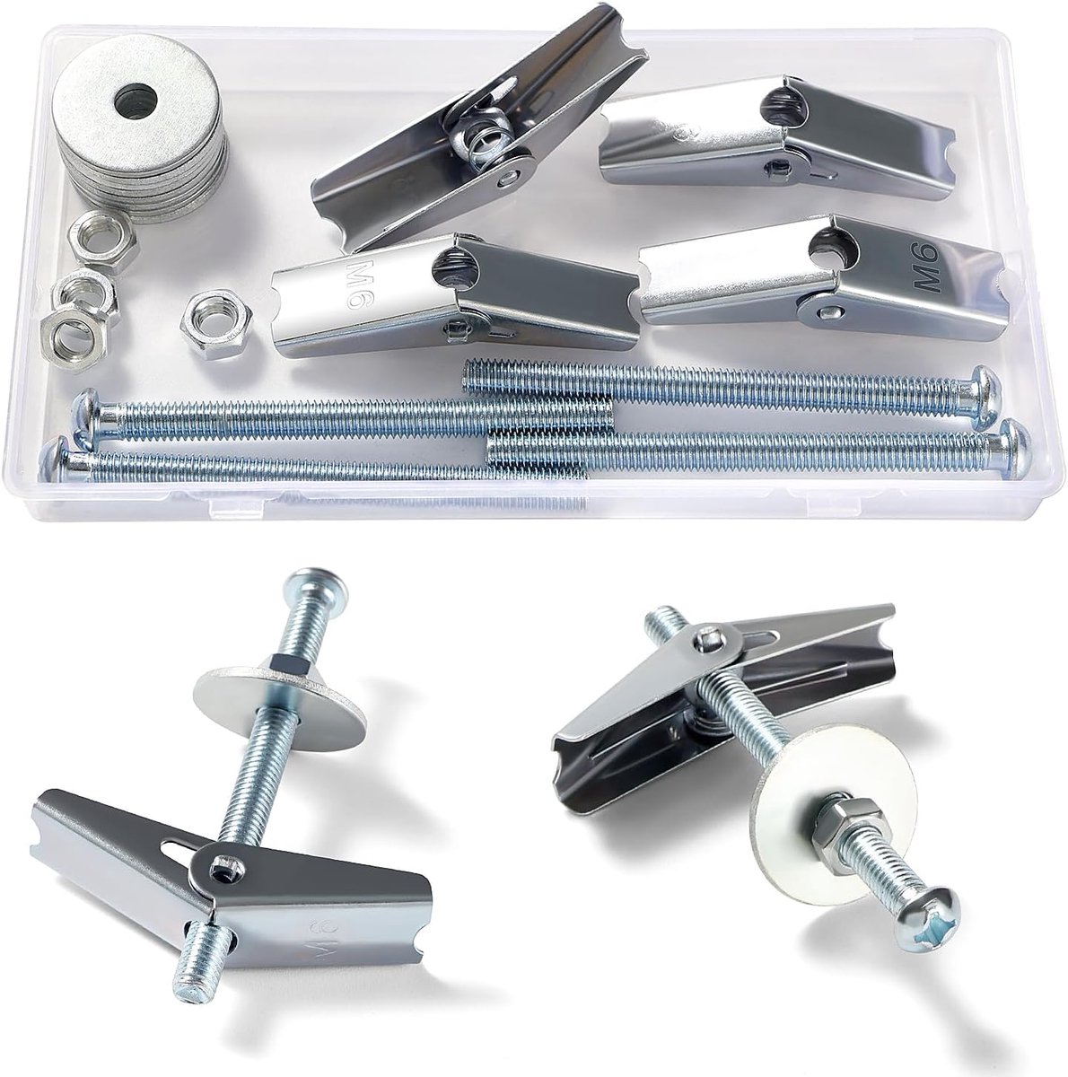 Sets M6 Spring Toggle Fixings, Wing Spring Toggle Bolt, Toggle Bolt en Wing Nut Assortiment Kit, met Zeskantmoeren, Ringen, voor Gipsplaat, Spouwmuur, Vezelplaat