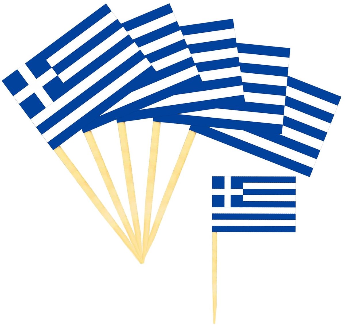 100 stuks Griekse vlag strand, Griekse decoratie, kustig, tandenstokers houten decoratie, Pick'Em tandenstoker individueel verpakt, vlaggen voor de badkamer, spiesen fingerfood zee, drukke vlaggen