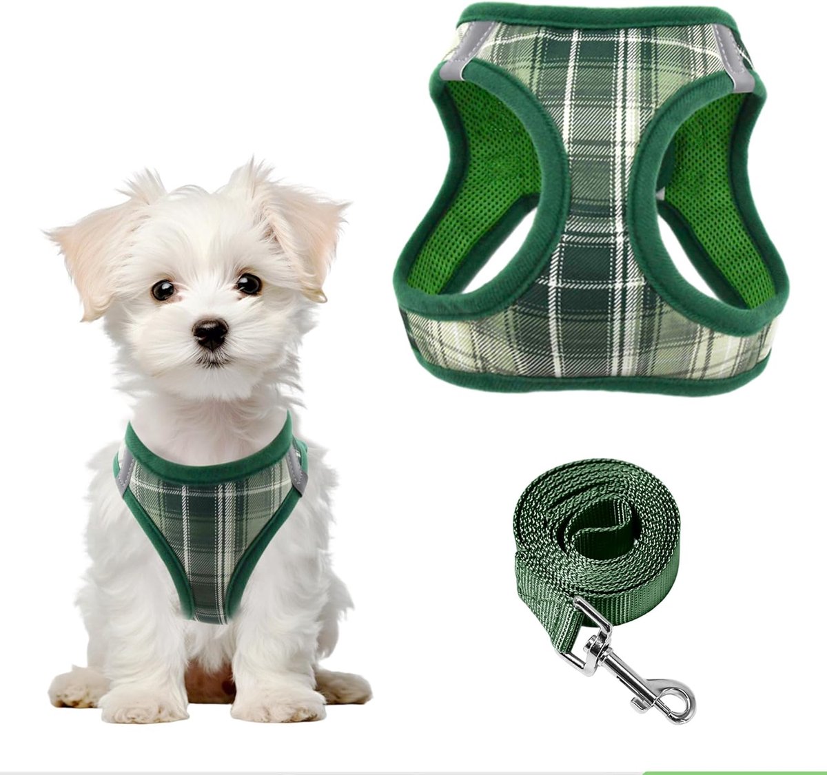 Hondentuigje voor kleine honden met riem, anti-trek, verstelbaar, zacht netweefsel, puppyharnas, reflecterend ruitpatroon, harnas voor chihuahua's, puppy's en katten, groen, XS