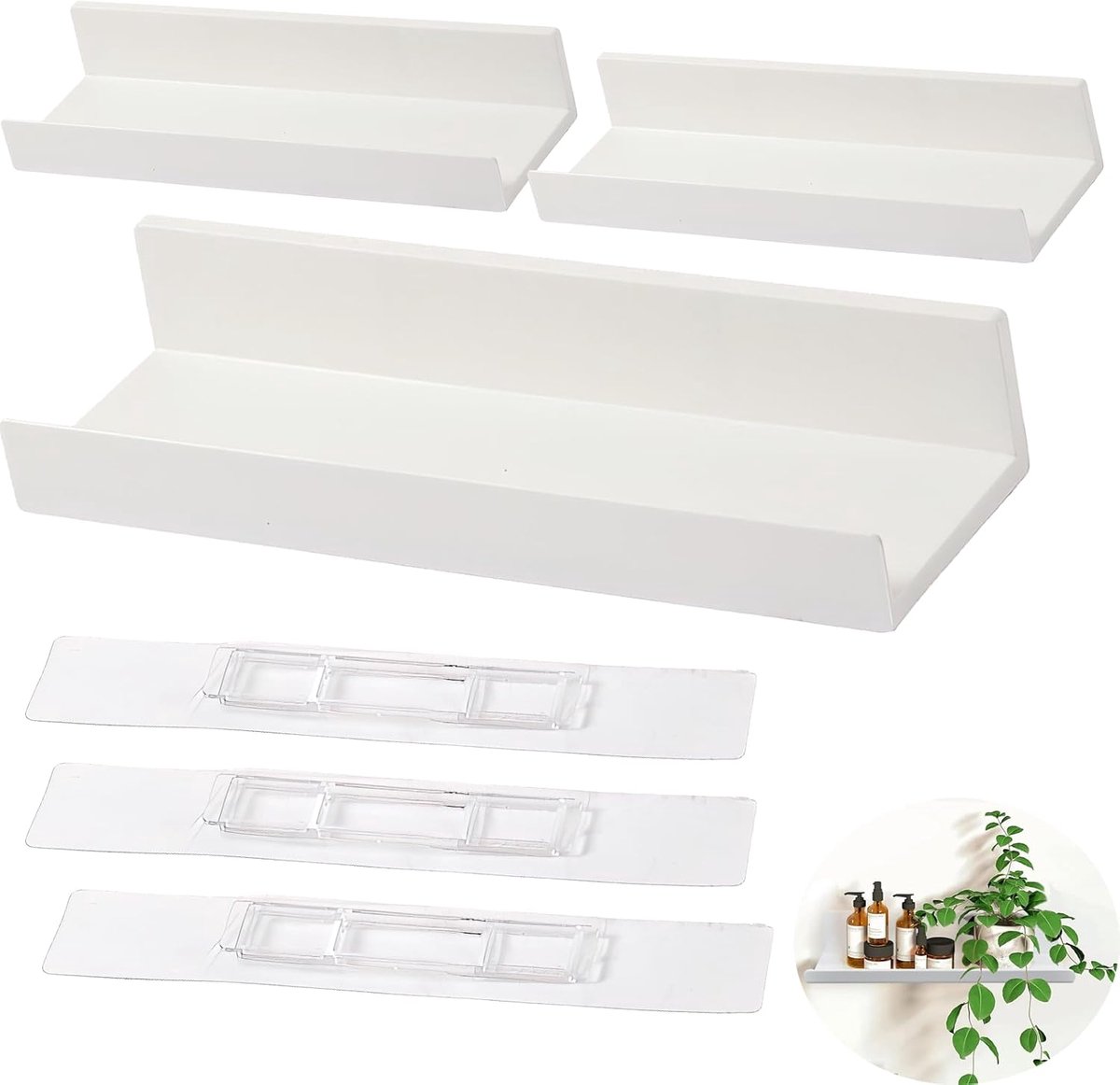 zonder boren, set van 3 wandplanken, wit rek zonder boren, badkamerrek voor boeken en foto's, woondecoratie, wandplank voor keuken, badkamer, kantoor, woonkamer (27 x 8,5 x 5 cm)