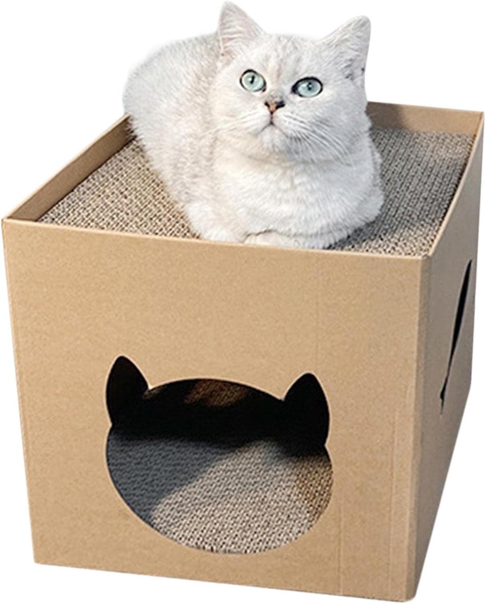 Kattenhuis van karton, kattenhuis voor binnen met krabpaal voor katten