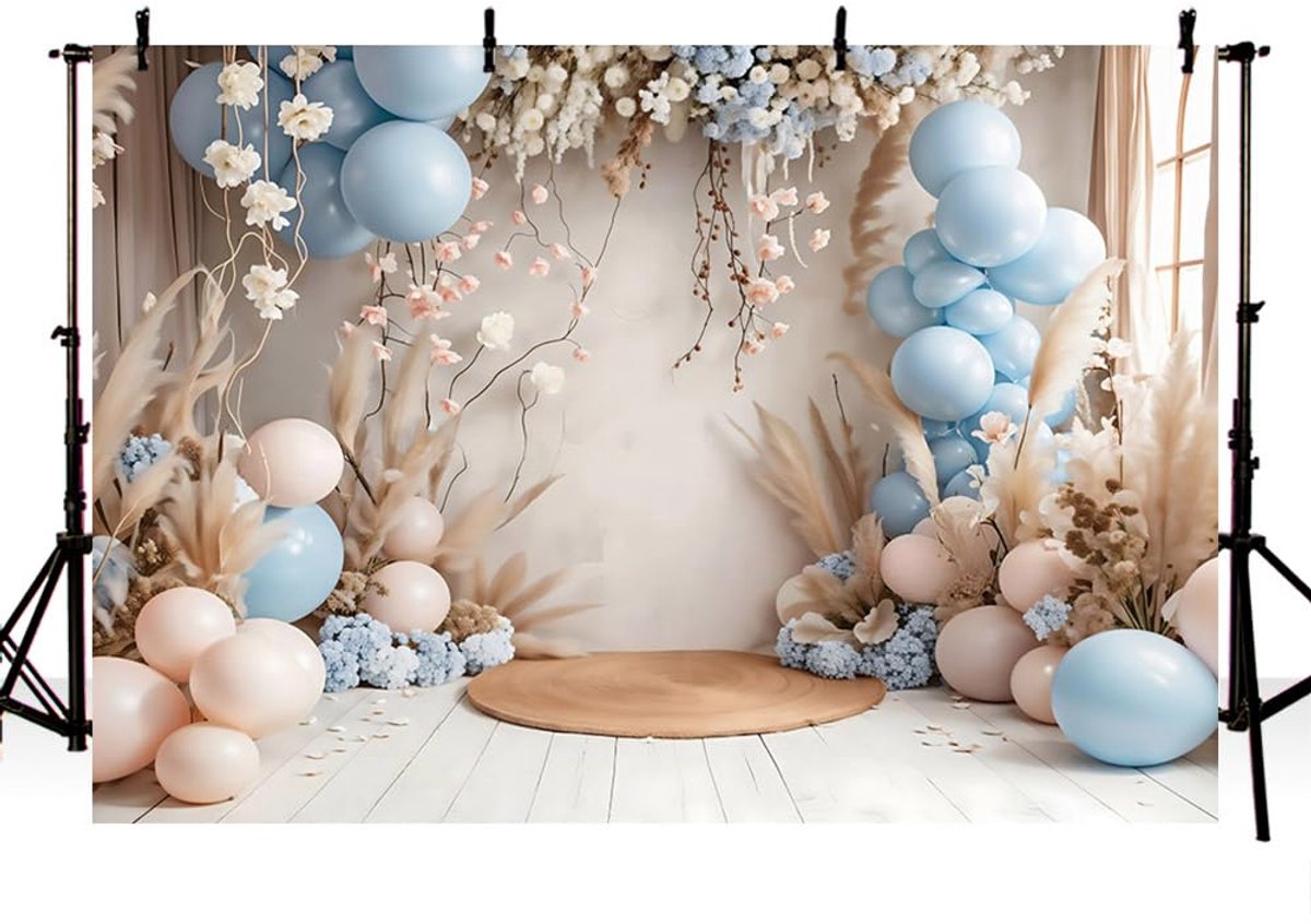 Boho Fotografie Achtergrond Blauwe Ballon Pampasgras Decor Achtergrond voor Pasgeboren Verjaardagsfeest Cake Smash Foto Rekwisieten 7x5ft