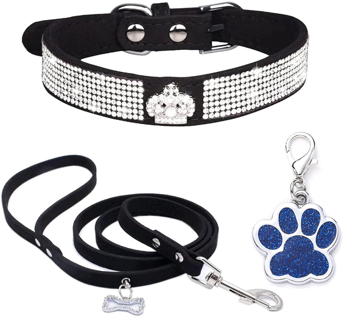 Halsband, zacht fluweel, lederen halsband, hondenriem, comboset, schattige luxe diamantbezet, bling, verstelbare puppyhalsband voor kleine, middelgrote honden, katten, zwart, XS