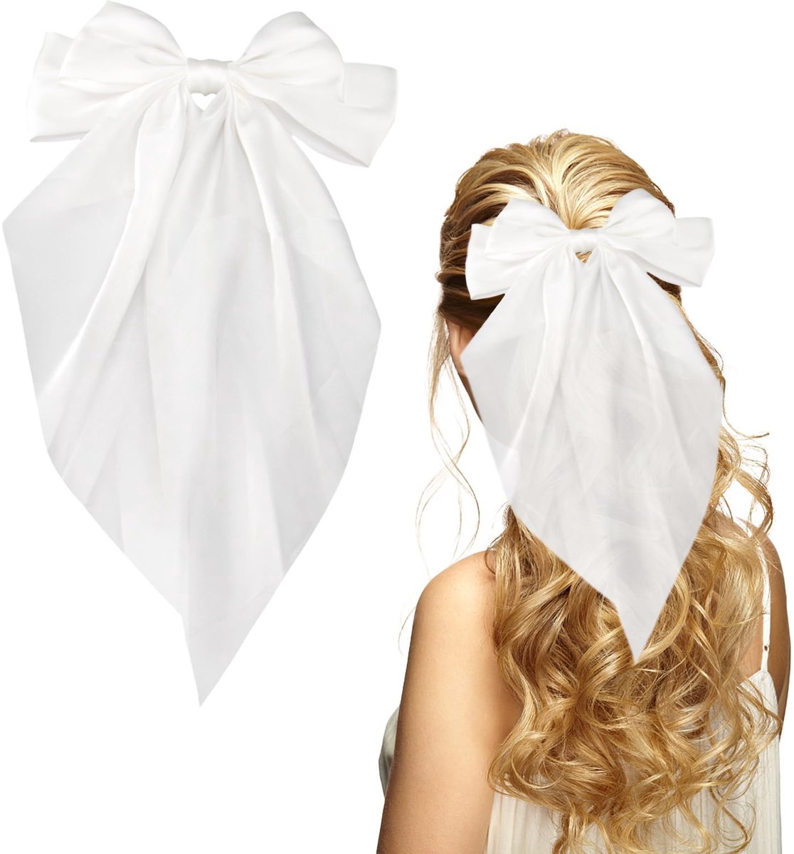 Haarstrikclips voor vrouwen, grote haarstrikken voor vrouwen, oversized lange staart, haarband, schattige haaraccessoires (wit)