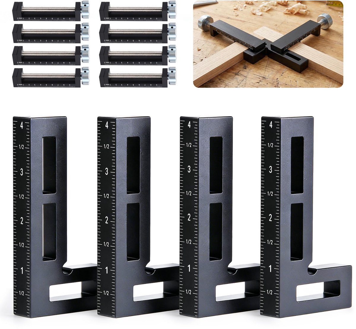 90 graden positioneringshoek, 4 stuks hoekklemmen voor houtbewerking, aluminiumlegering, 10 x 10 cm, rechthoekige houtbewerkingsgereedschappen, positioneringshoek voor dozen, fotolijst, laden, kasten