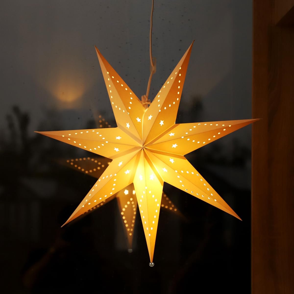 Papieren led-ster, verlicht om op te hangen, met warmwitte E14-lamp, 3D-kerstster, raamdecoratie, Kerstmis, witte papieren ster