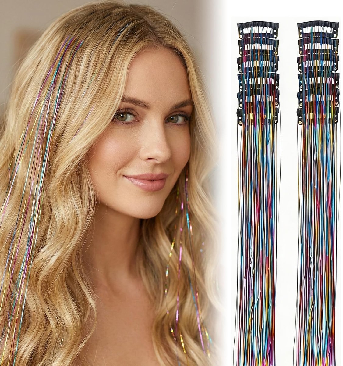 12 Stuks Hair Tinsel Clip In, 50cm Glitter Haarextensies Gekleurde Sparkly Fairy Highlights Festival Accessoires voor Dames Meisjes Kinderen (Mix van Kleuren)