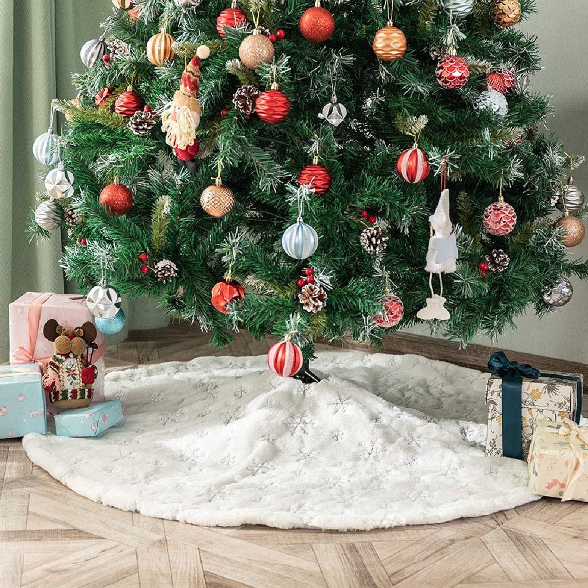 Kerstboom Rokken, Kerstboom Rok Wit, Rieten kerstboom Rok, Pluche Boom Rok, Faux Bont Kerstmis Thanksgiving Nieuwjaar Decoraties (Zilver, 90cm)