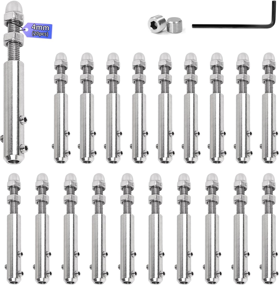 20 stuks kabelkabelterminal, schroefterminal voor draadkabel, 4 mm, kabelspanner roestvrij staal met schroefdraadstift en inbussleutel, draadkabelklem voor bevestiging, spanning, draadkabels