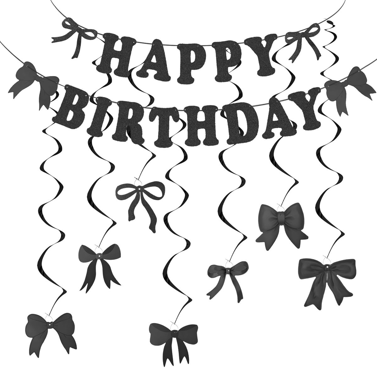 Happy Birthday-banner met strik, zwarte verjaardagsfeestdecoratie, hangende swirls voor meisjes, verjaardagsfeestjes, babyshowers