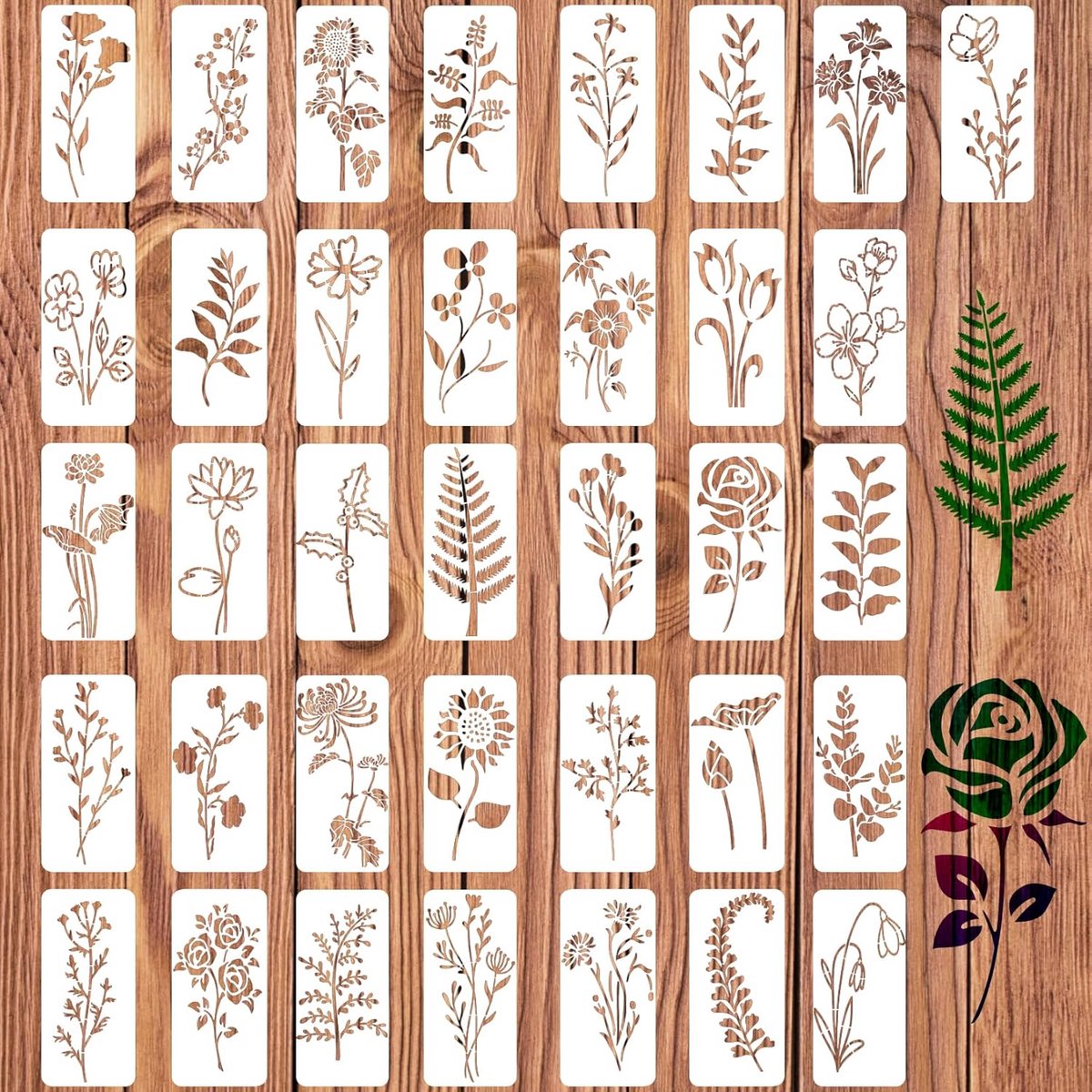 SnelShoppen - 36 stuks herbruikbare bloemensjablonen voor schilderen, bladeren sjablonen, creatief handwerk, sjablonen voor hout, muur en meubels