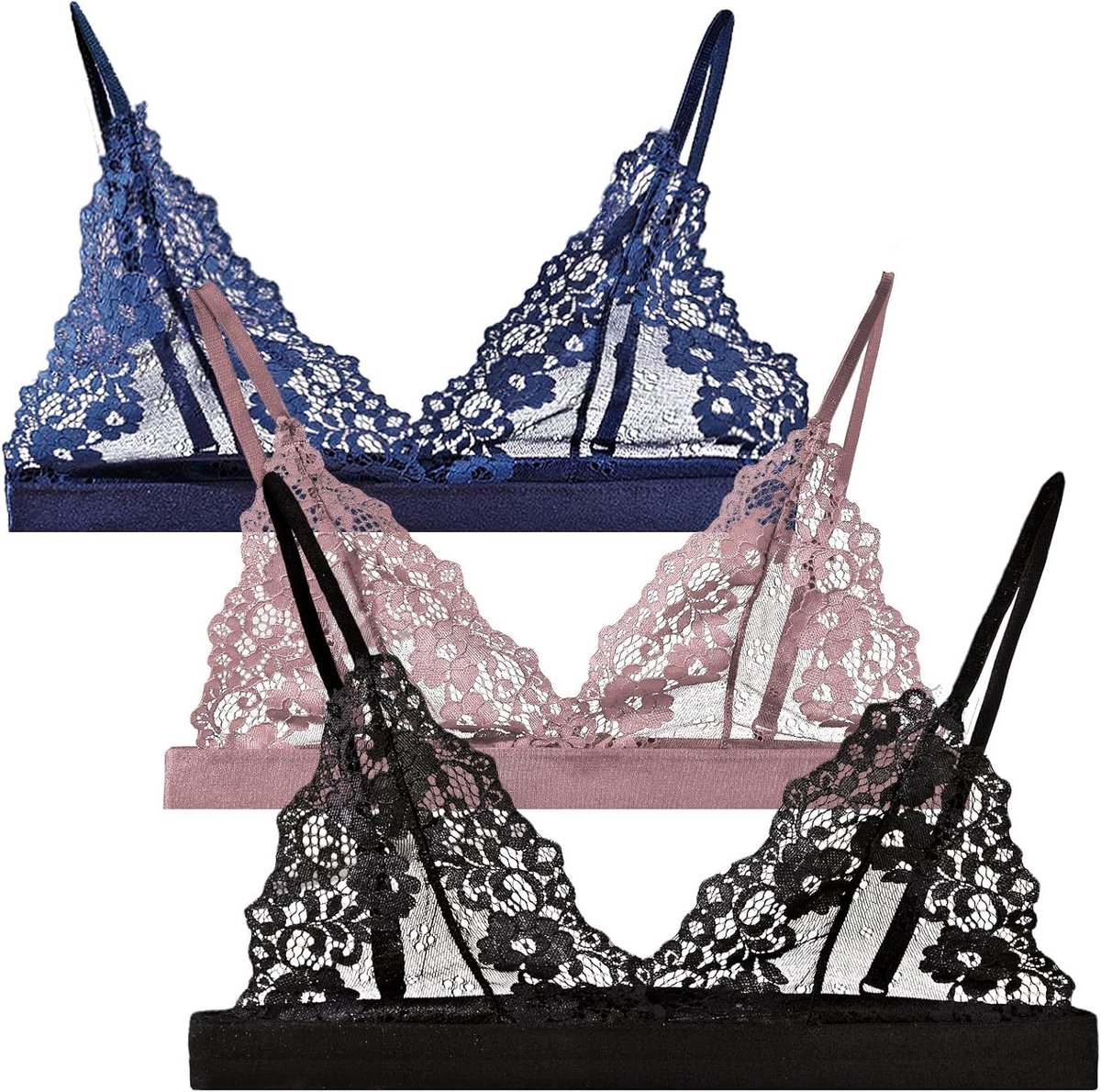 Drie-delige kanten bh set voor dames, sexy en transparant zonder beugel, triangle cup, push-up balconette, maat S-L