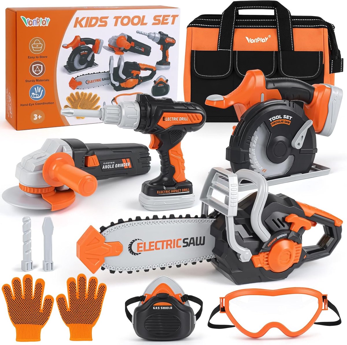 SnelShoppen - Luxe gereedschapskoffer voor kinderen met elektrische boormachine, kettingzaag, haakse slijper, cirkelzaag en opbergtas, speelgoedcadeau