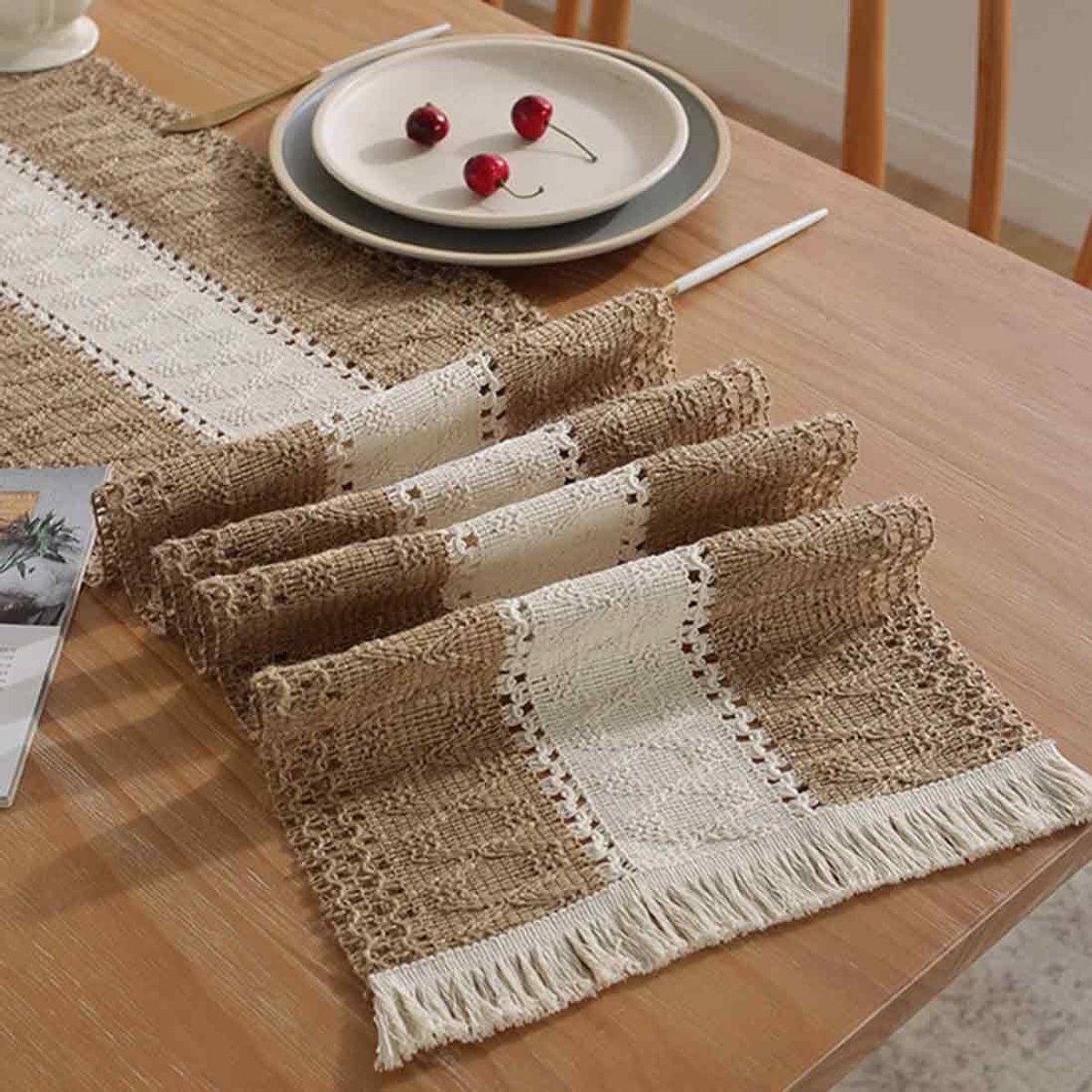 macramé tafelloper, outdoor, boho, katoenen vlas, tafelkleed met kwastjes, 30 x 140 cm, rechthoekige gehaakte kant, voor keuken, vintage, boerderij, boheems, bruiloft, tafeldecoratie, decoratie