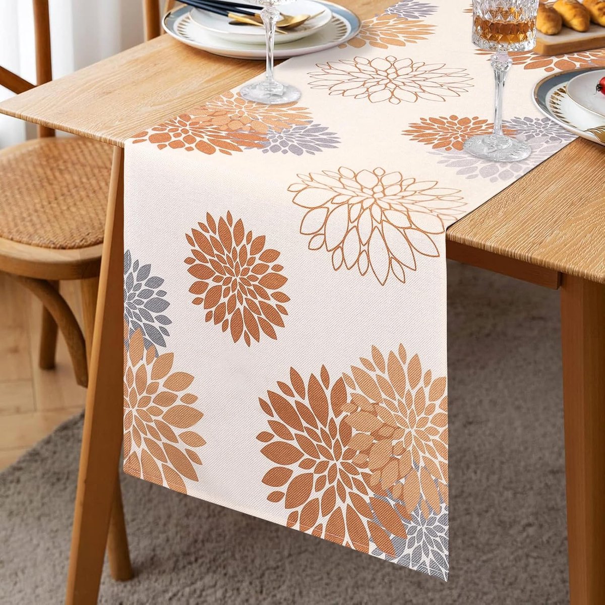 Tafelloper, dahlia, oranje, geel, grijs, linnen, 40 x 140 cm, bloemen, beige, tafelloper, modern, aantrekkelijk, boerderij, geometrische tafel, middendecoratie, boho, tafelloper voor woonkamer, kast