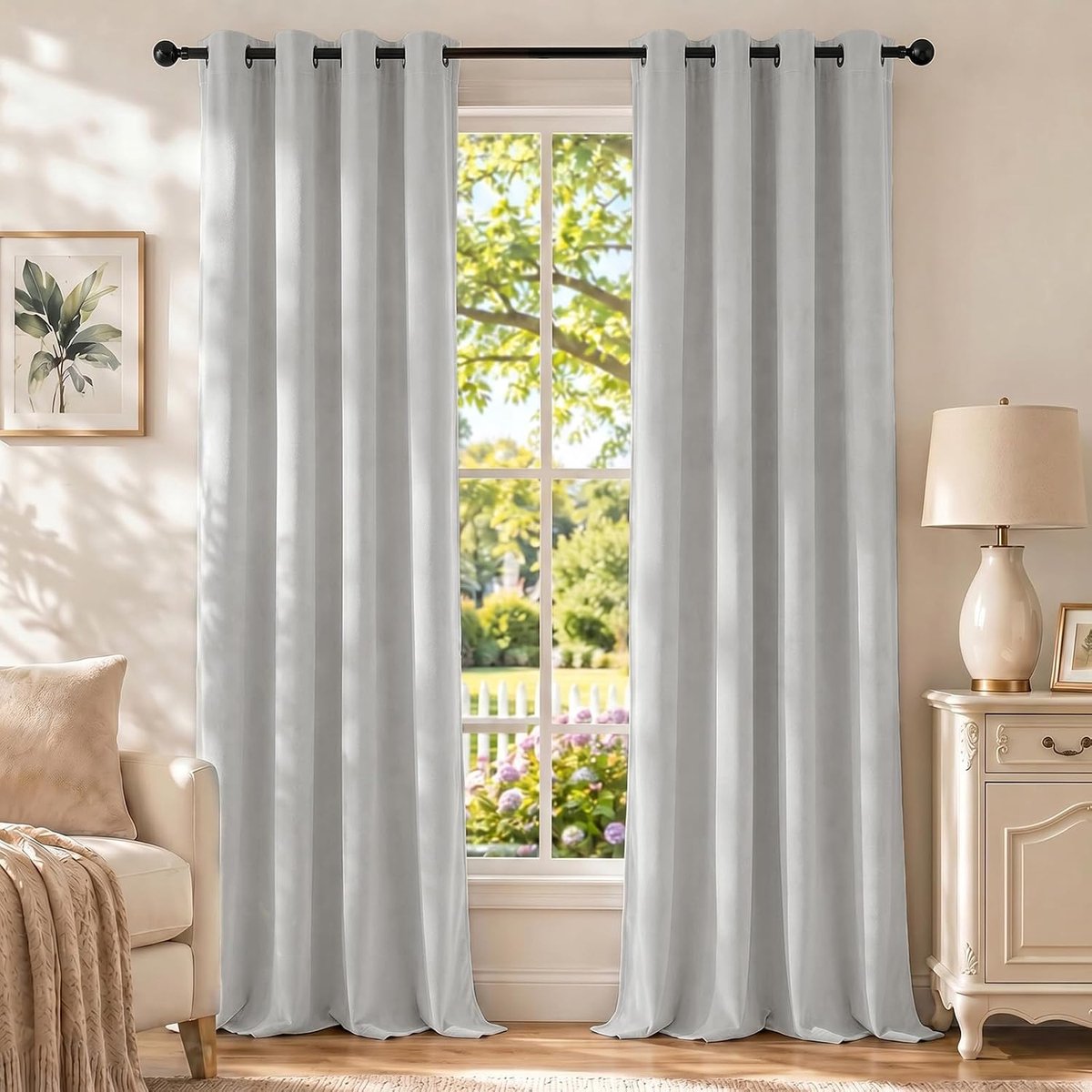 Gardinen Samt 2er Set, 100% Verdunklungsvorhänge, Thermovorhang Gegen Kälte Und Hitze, Vorhänge Blickdicht Schlafzimmer Wohnzimmer, Schallschutz Vorhang Mit Ösen, 140×225cm, Beige