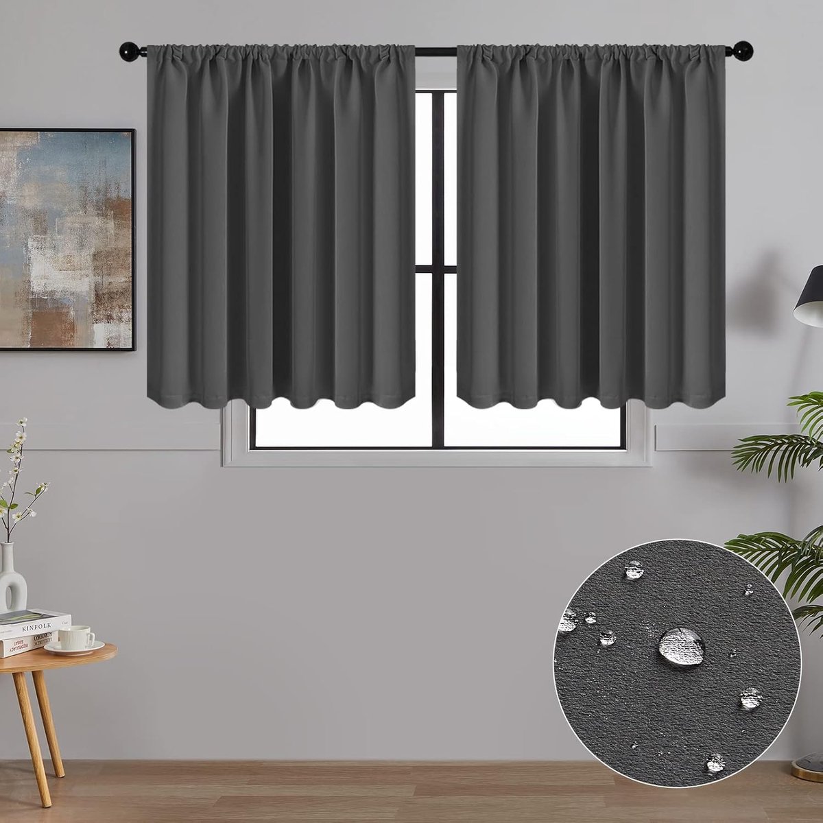 Gordijnen, kort, verduisteringsgordijnen, gordijn, ondoorzichtig, keukengordijnen, set van 2, vitrage, decoratiegordijnen voor woonkamer, slaapkamer, 45 x 120 cm (h x b), antraciet gordijnen