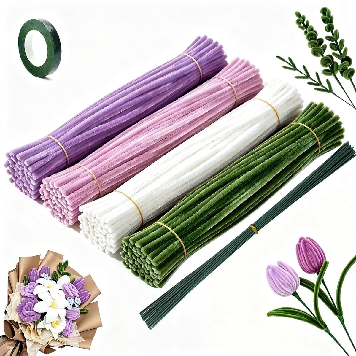bloemenset, paars, pijpenreiniger om te knutselen, 4 kleuren Pipe Cleaner Flower Set voor doe-het-zelf boeket, met bloemendraadstaven en bloemistband, 240 stuks