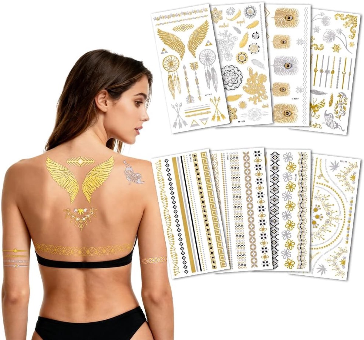 Flash Tattoos Metallic, 8 vellen goud metallic tijdelijke tatoeages, zelfklevende tatoeages, gouden tatoeagestickers, waterdicht voor volwassenen, glitteraccessoires voor feest, Halloween
