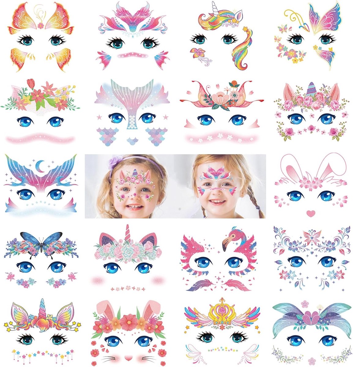 Tijdelijke tatoeages voor kinderen, schattige dierlijke gezichtsverf make-up tatoeage stickers voor meisjes verjaardag decoraties dieren feestzakjes vullers favoriete