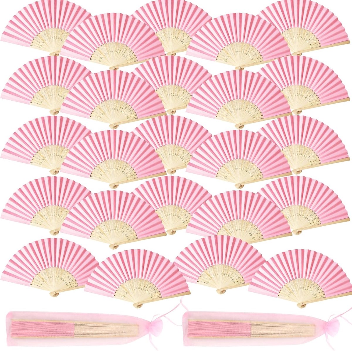 Handwaaier Opvouwbare Papieren Waaiers Handwaaier Opvouwbaar voor Vrouwen – 24 Stuks Rosa Bamboe Papieren Handwaaiers met Organza Zakjes, DIY Blanco Opvouwbare Waaiers voor Bruiloft, Theefeestje, Kerk