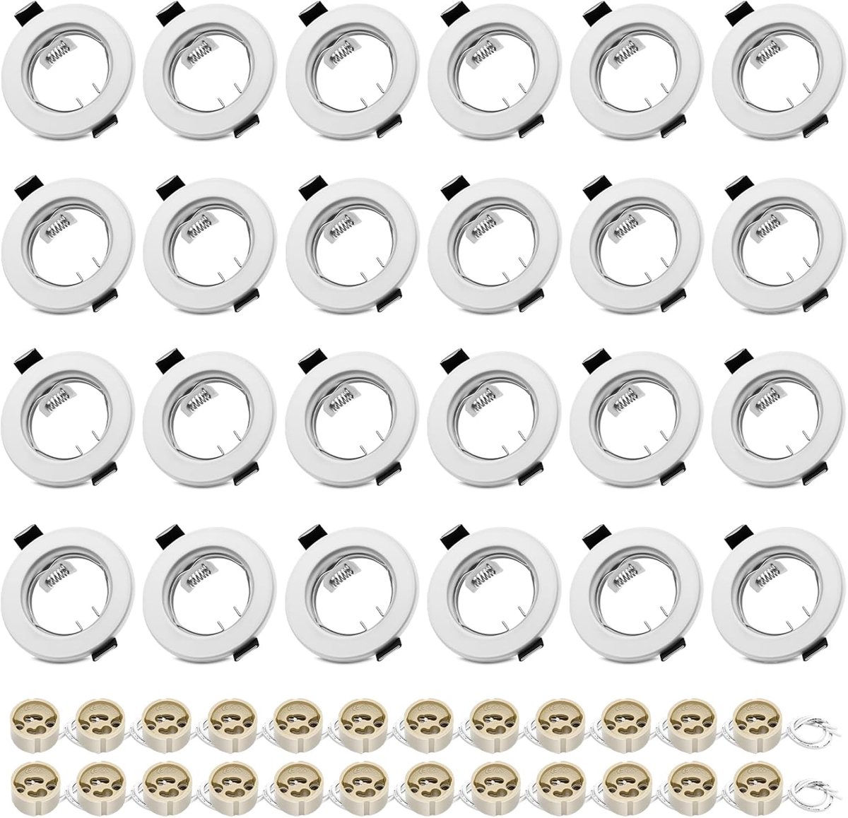 Set van 24 ronde inbouwspots GU10 - Mat wit inbouwframe met fitting, geschikt voor boorgaten Ø55-70mm. Ideaal voor LED- en halogeenlampen. Eenvoudige installatie en moderne uitstraling.