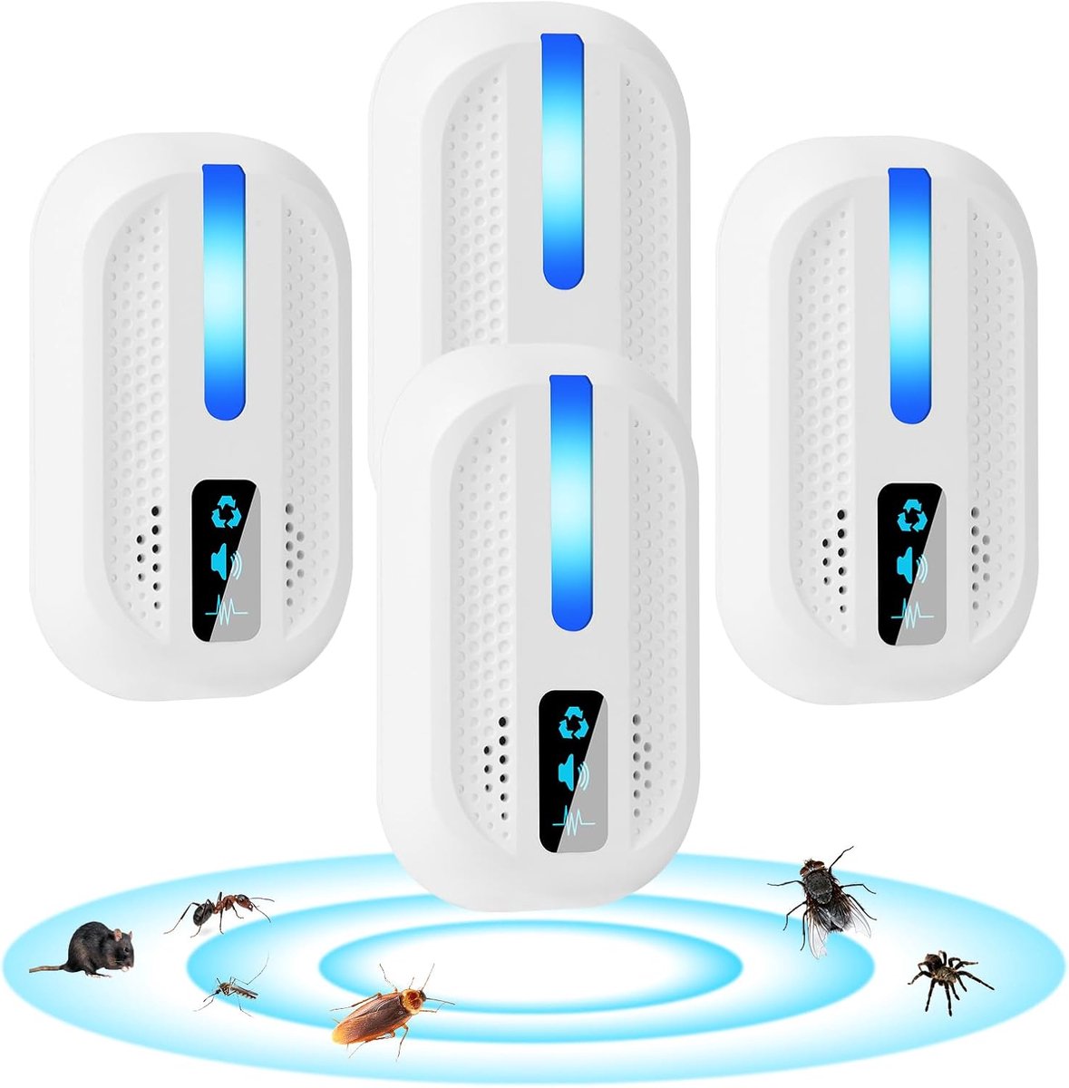 Ultrasone muizenverjager, 4 stuks ultrasone muggenbescherming, rattenbestrijding, stil, niet-giftig, afweermiddel voor binnen, anti-muisapparaat, insecten, muggen, kakkerlakken, ratten, spinnen