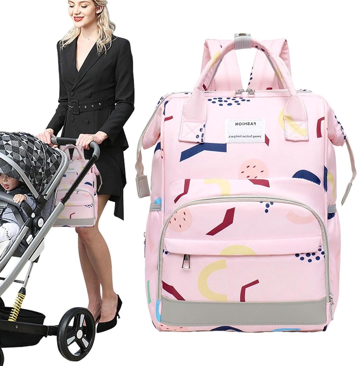 Baby Luiertas Rugzak - Moeder Tas Baby - Baby Verzorgen Onderweg - Waterdicht Materiaal - 40x25x17 cm - Zwart Grijs