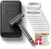 Störtebekker® Premium Safety Razor 'Hamburg' (Zwart) - incl. leren etui (Zwart) en 10 scheermesjes - Scheerset Unisex - Scheermes / Veiligheidsscheermes - Double Edge / Single Blade Razor Zero Waste