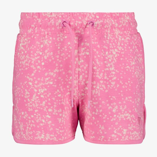 Roze sweatshort met vlekkerige print, roze trekkoord en bies.
