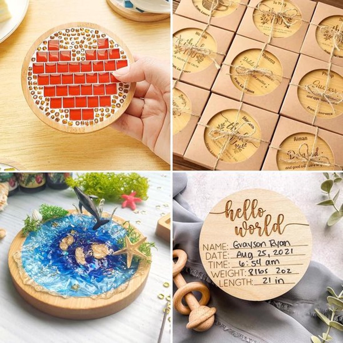 Ronde houten onderzetters - 8 stuks met pigment en kwast - blanco hout - 10 cm - antislipmat - voor houtgravure laser DIY