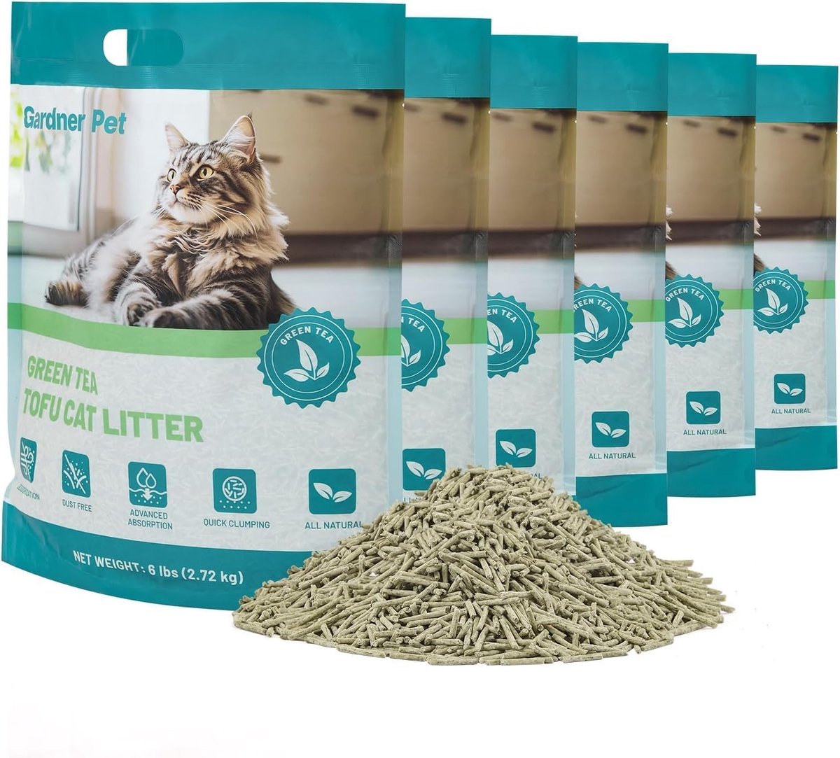 Natuurlijke Tofu Kattenbakvulling - Groene Thee-Extract - Stofvrij en Snel Klonterend - Geurcontrole - Voor Huishoudens met Meerdere Katten